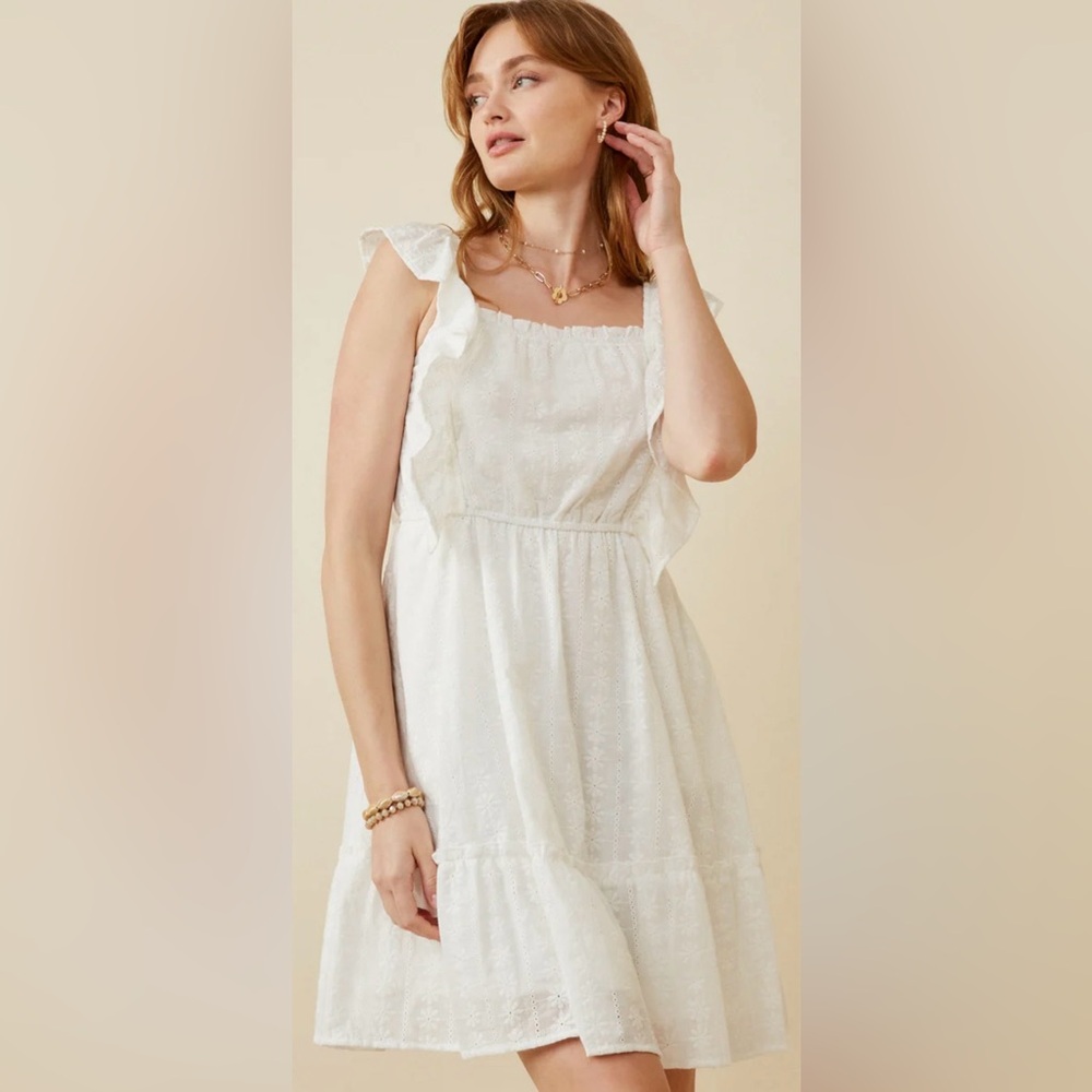 Hayden LA Embroidered Square Neck Ruffled Smock Back Dress Off White Medium NWT